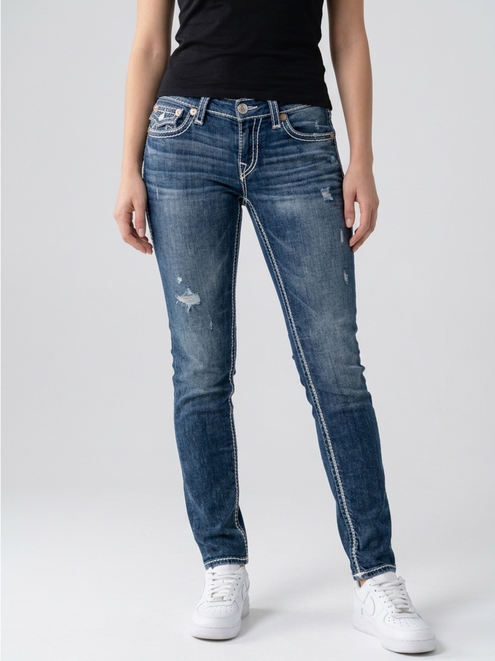Low Rise Women's Blue Distressed Slim Jeans True Religion Size 30 Y2K